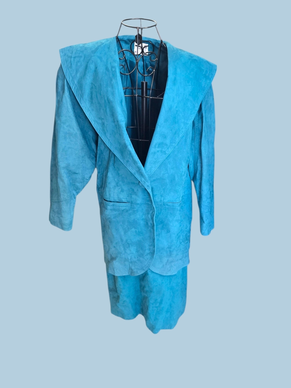 Turquoise Blue Suede Women's Jacket and Skirt Set